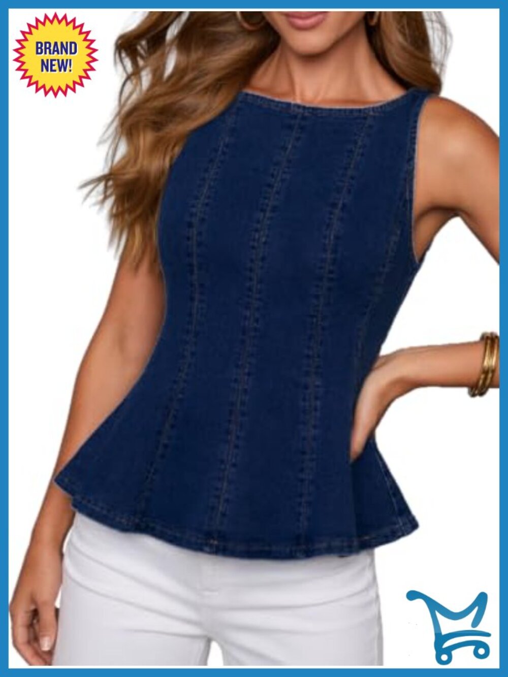 Denim Peplum Tank Top Cotton Blend Corset Style Women Fitted Zip Back